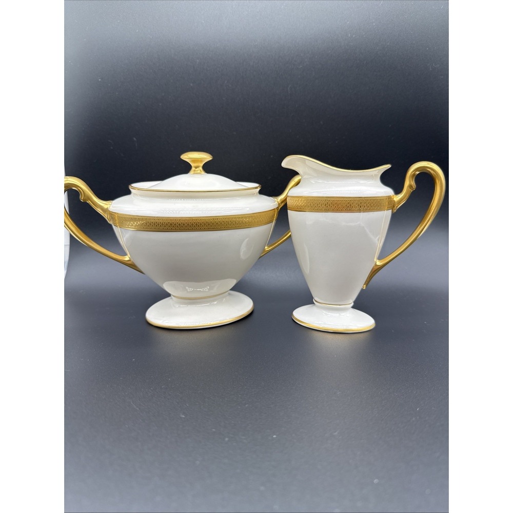 Antique Lenox Lowell Creamer and Sugar Bowl Set 1906-1930 Green Mark Ivory Gold